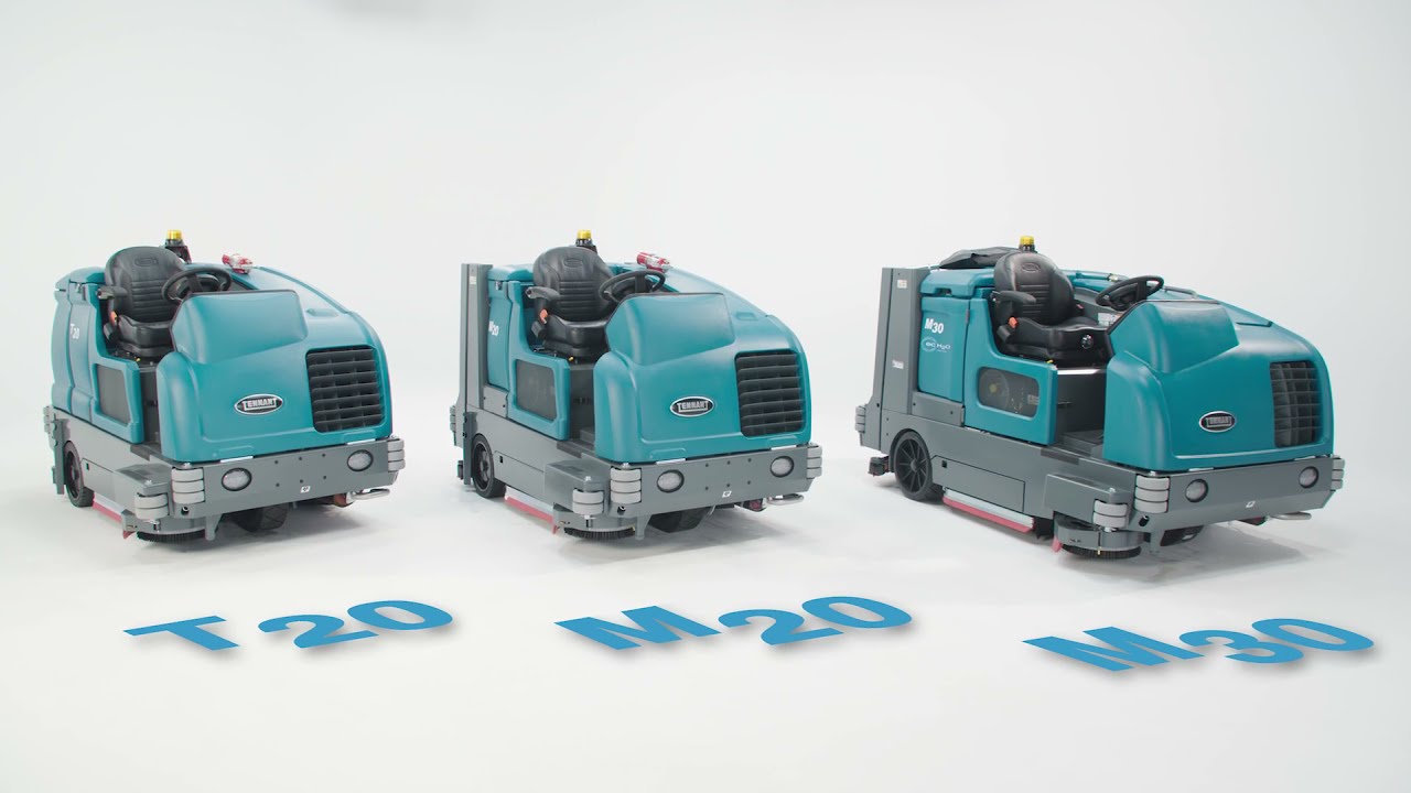 Tennant T20, M20 and M30 ride-on sweeper-scrubbers lined up